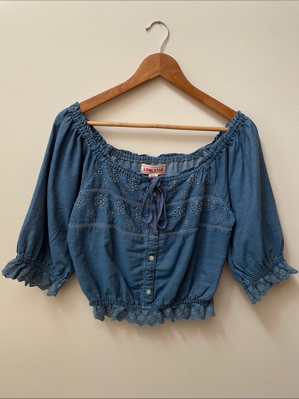 Lone Star Blue Off-Shoulder Cotton Peasant Top